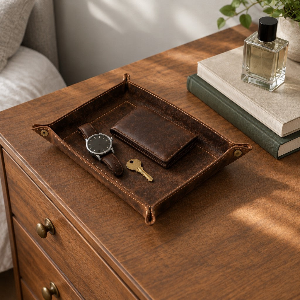 Cowhide leather valet tray with a watch, keys and wallet on a chest of drawers