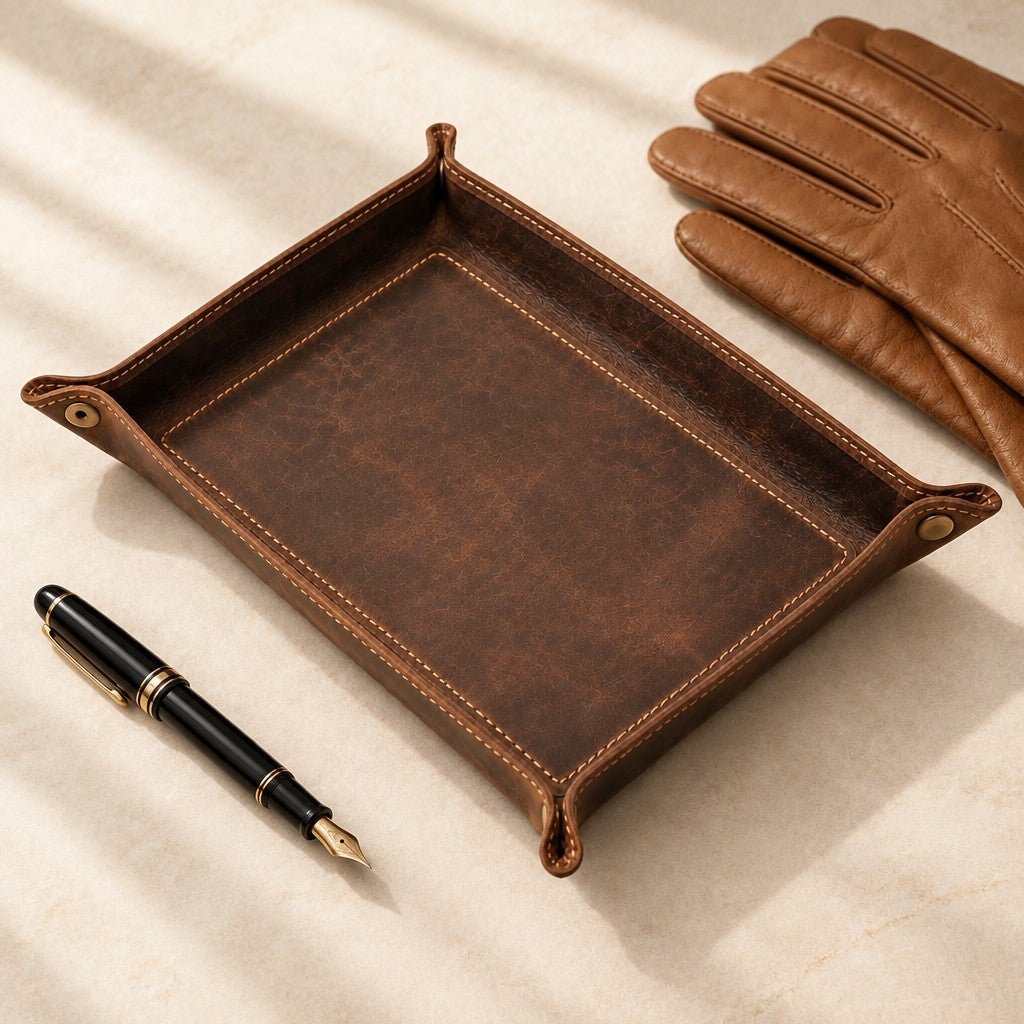 Empty cowhide leather valet tray beside a fountain pen and leather gloves