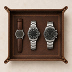 Top view of the leather valet tray with a 36 mm, a 42 mm and a 45 mm watch