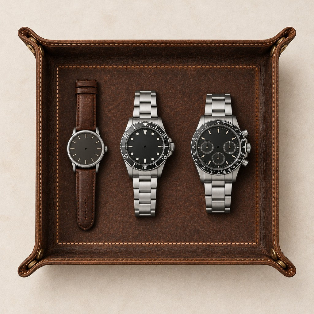 Top view of the leather valet tray with a 36 mm, a 42 mm and a 45 mm watch
