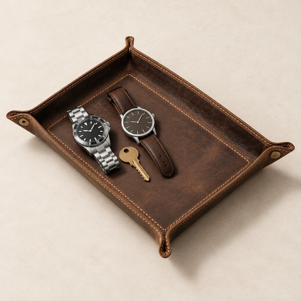 Genuine cowhide leather valet tray with brass snap corners, holding two watches and a key