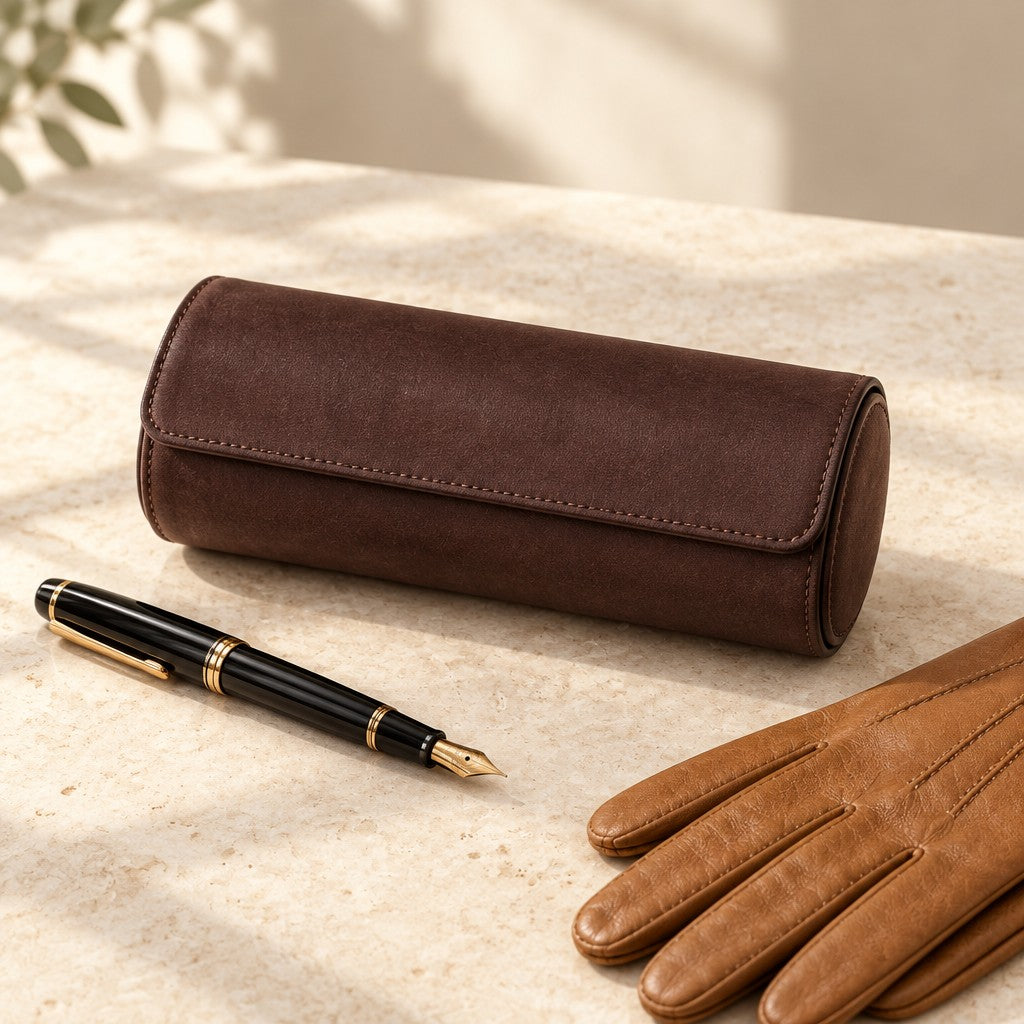 Closed dark brown leather watch roll beside a fountain pen and leather gloves