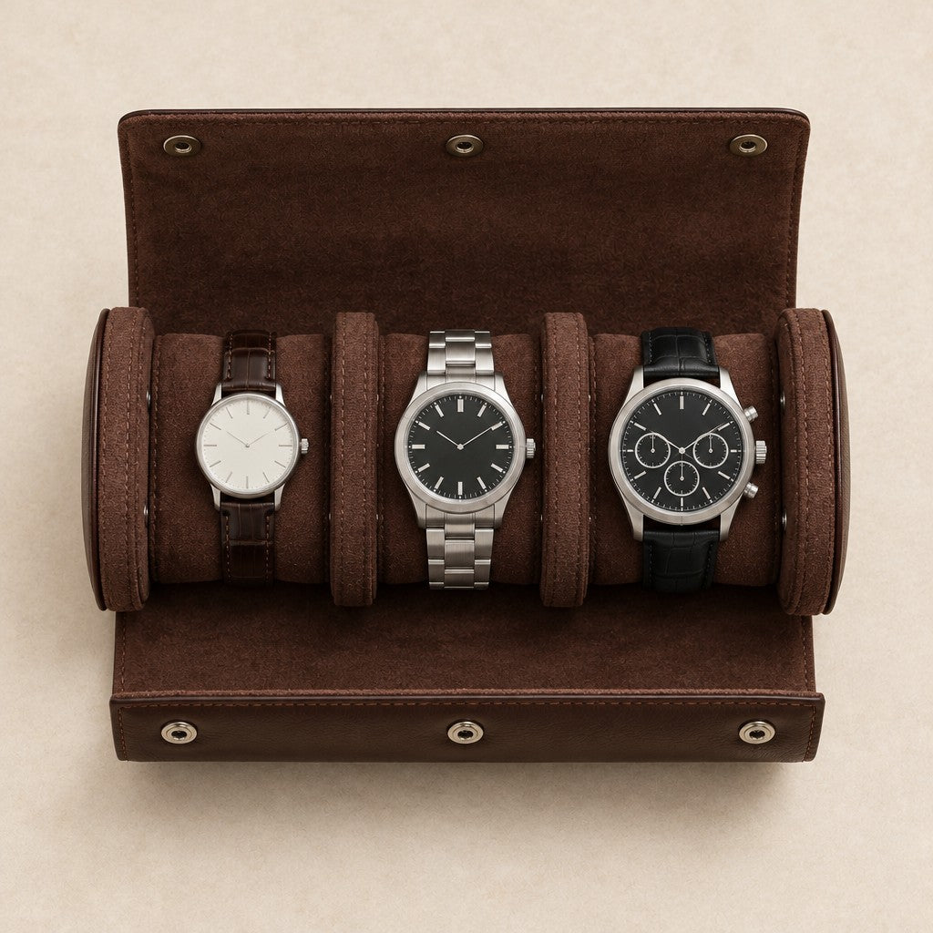 Top view of the watch roll with a 36 mm, a 42 mm and a 45 mm watch