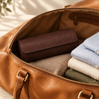 Closed leather watch roll in a weekender bag beside folded shirts