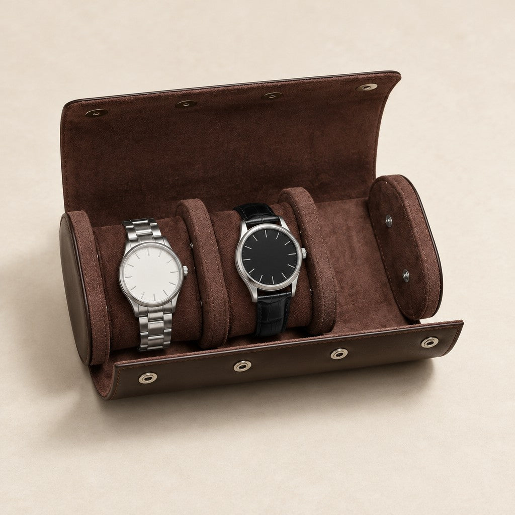 Dark brown genuine leather watch roll open with two watches on its pillows