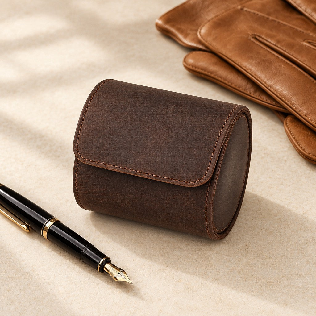 Brown leather single watch roll closed, beside a fountain pen and leather gloves