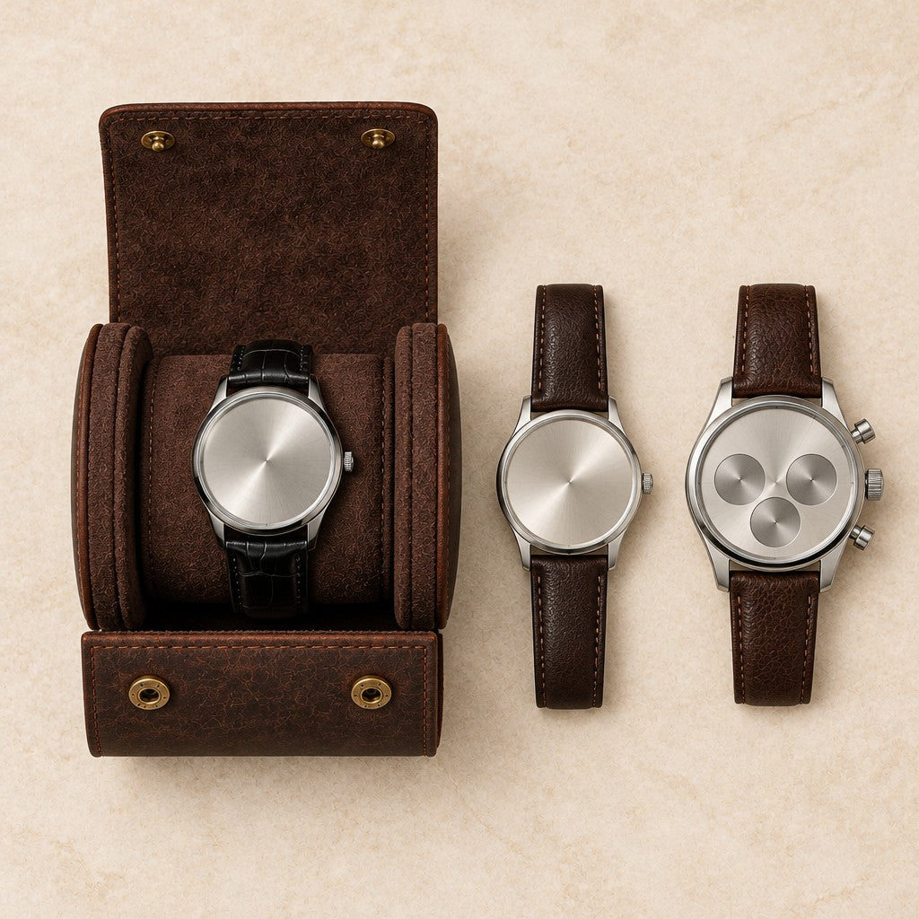 Top view of the open single watch roll with a 42 mm watch, a 36 mm and a 45 mm watch beside it