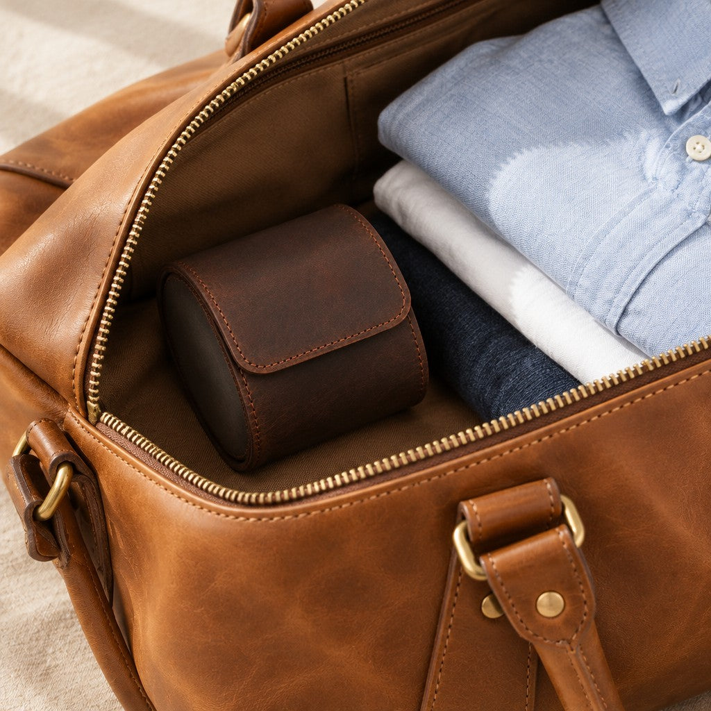 Leather single watch roll in a weekender bag beside folded shirts