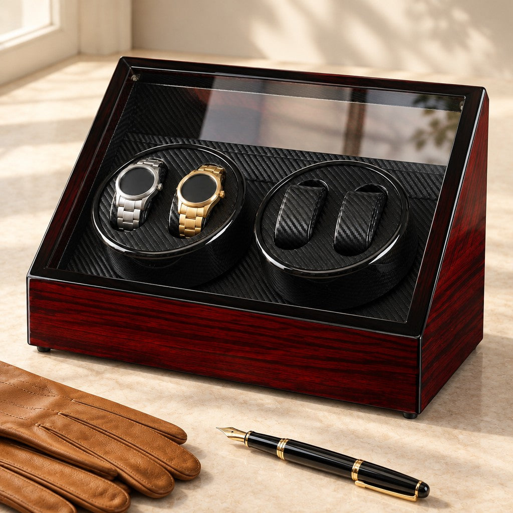 Lacquered 4-watch winder beside a fountain pen and leather gloves