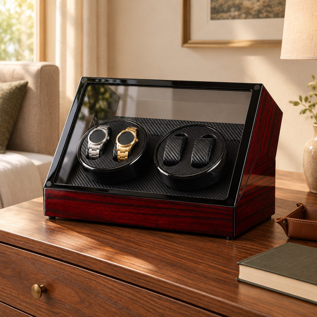 Gloss lacquer 4-watch winder on a wooden chest of drawers