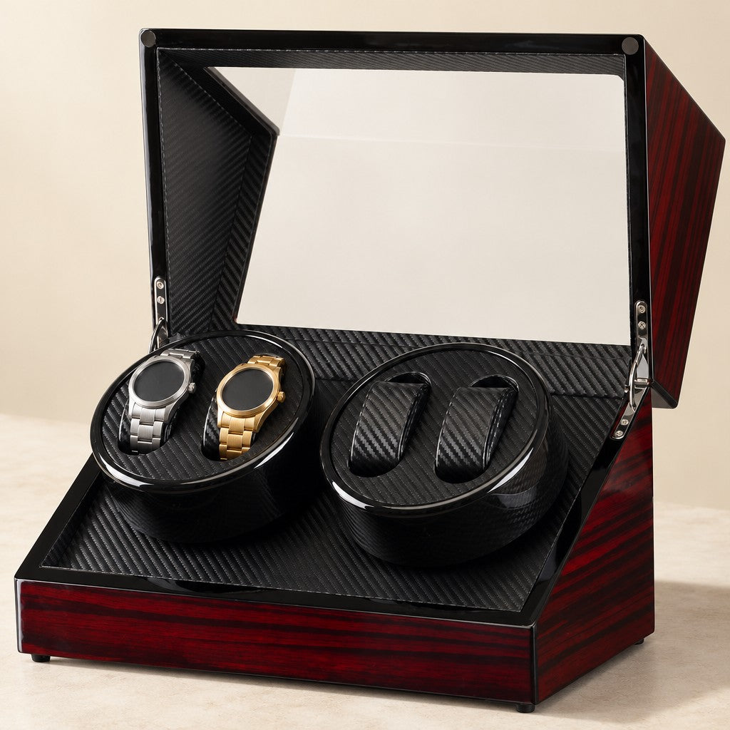 Ebony gloss lacquer 4-watch winder, lid open, two watches