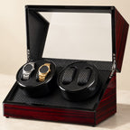 Ebony gloss lacquer 4-watch winder, lid open, two watches