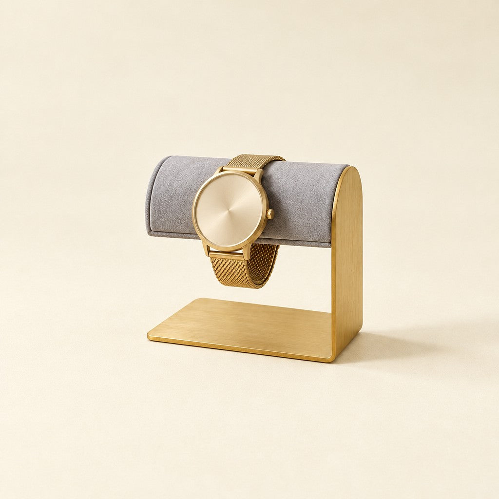 Small gold-tone L-frame watch stand with a gray bar