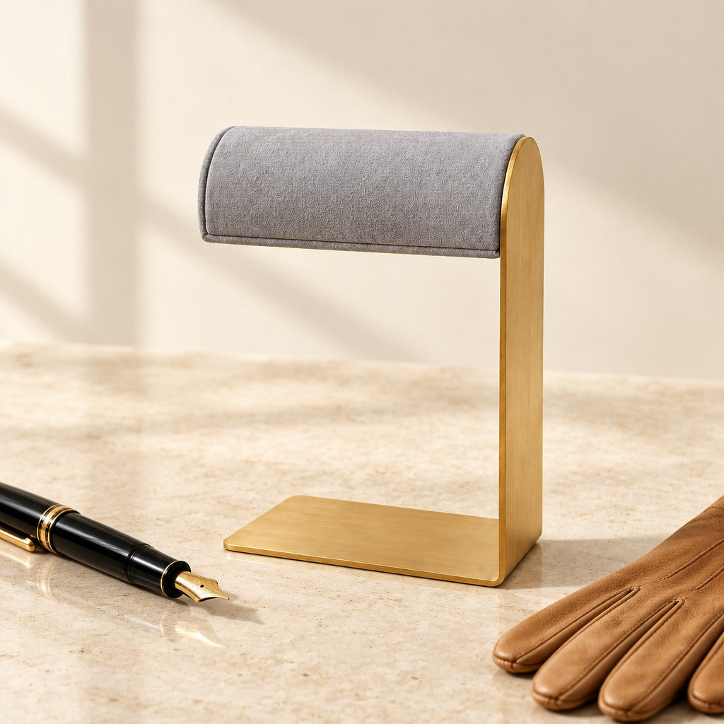 Gold-tone L-frame watch stand beside a fountain pen and leather gloves