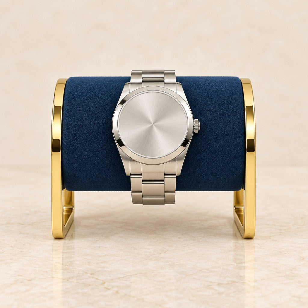 Gold-tone metal watch stand with watches of different sizes