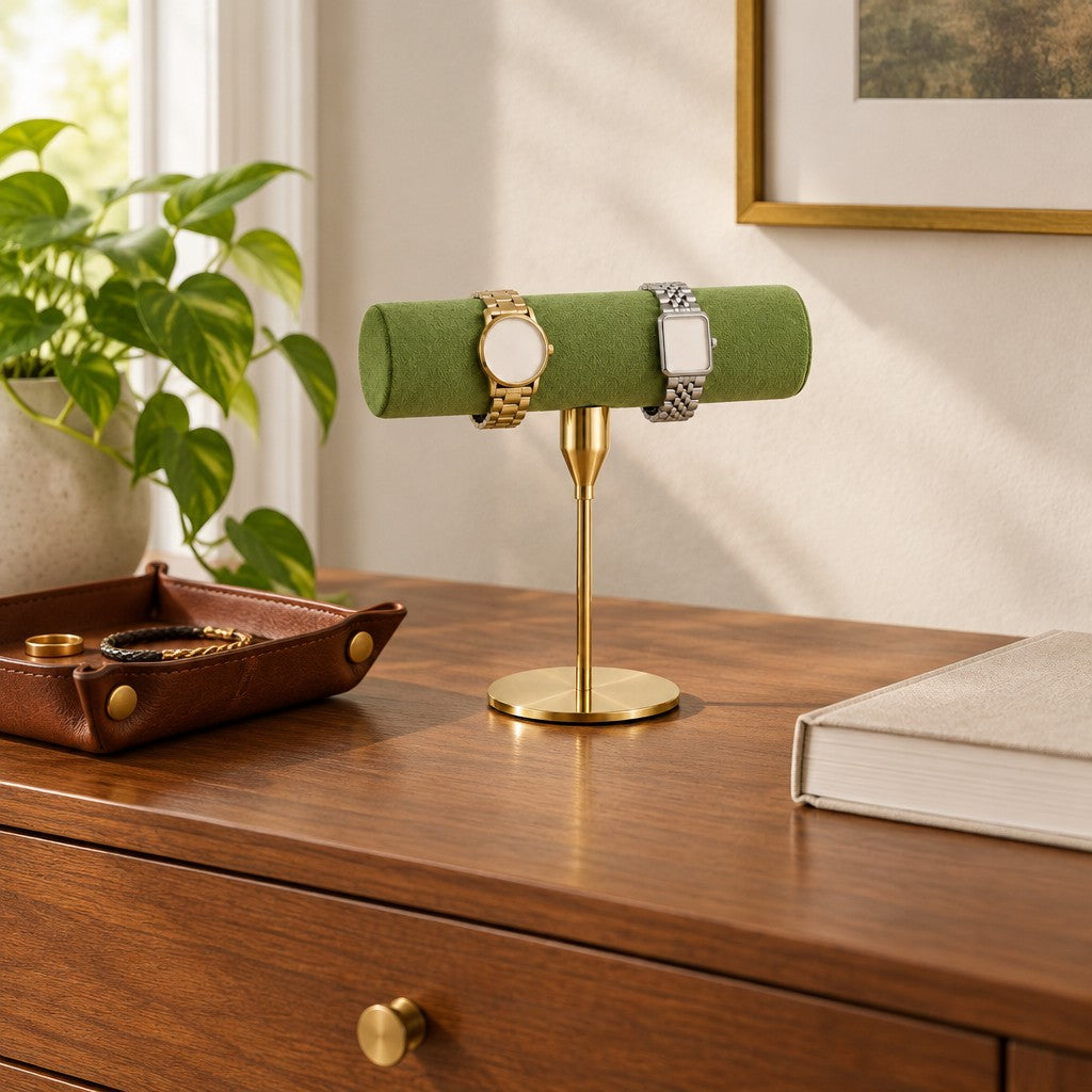 Green velvet T-bar stand on a chest of drawers, for scale