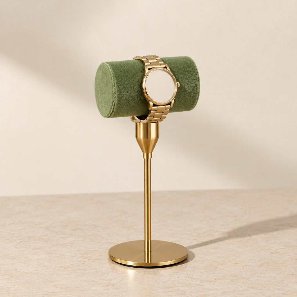 Small gold T-bar stand with a short green velvet bar