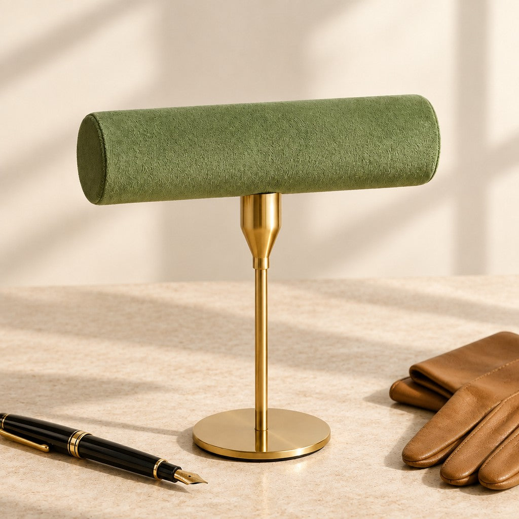 Green velvet T-bar stand beside a fountain pen and leather gloves