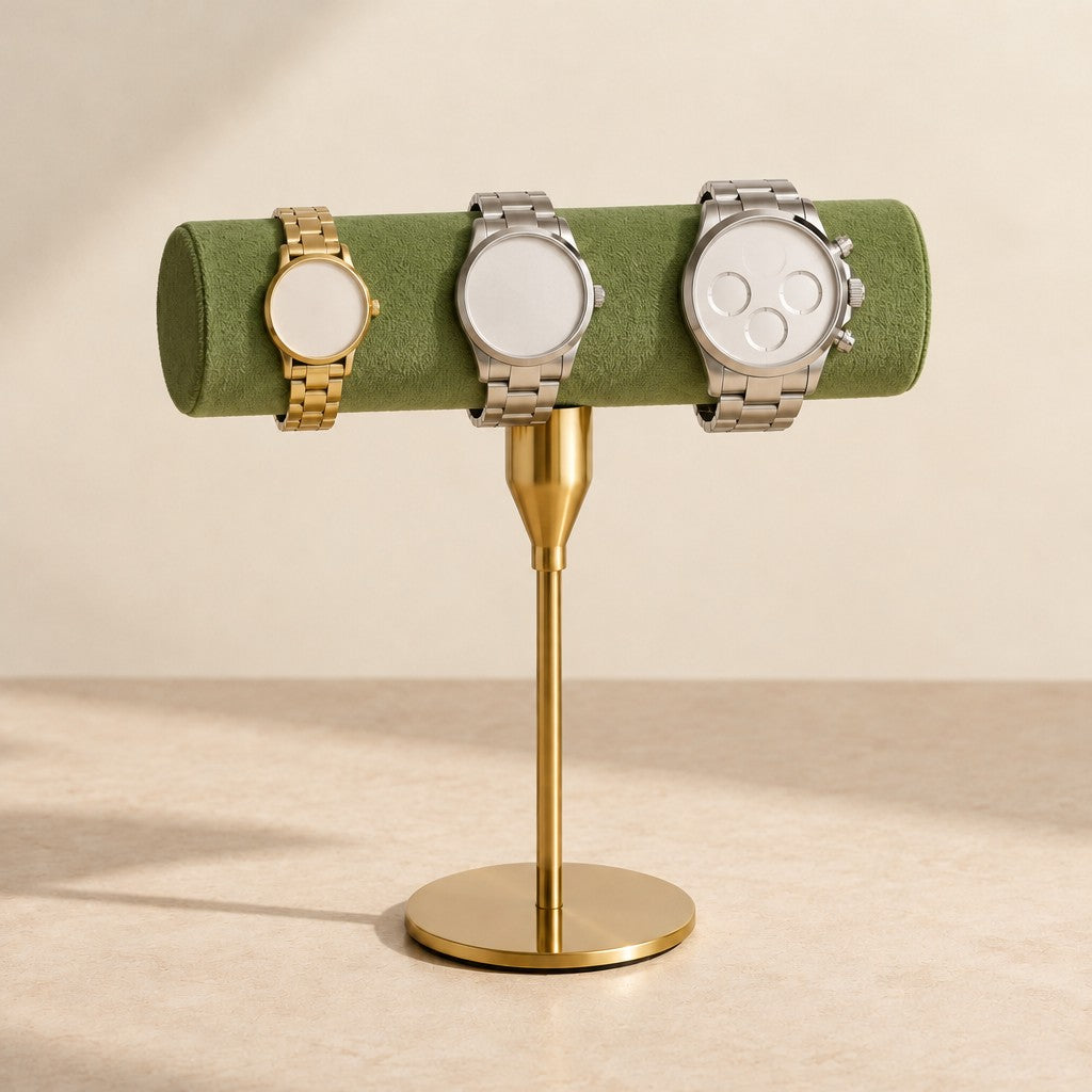 Green velvet T-bar stand with watches of different sizes
