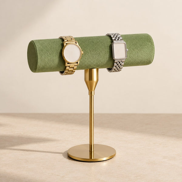 Gold T-Bar Watch Stand with Green Velvet