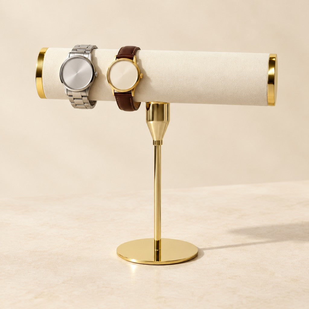 Gold-tone T-bar watch stand with a watch, three-quarter view