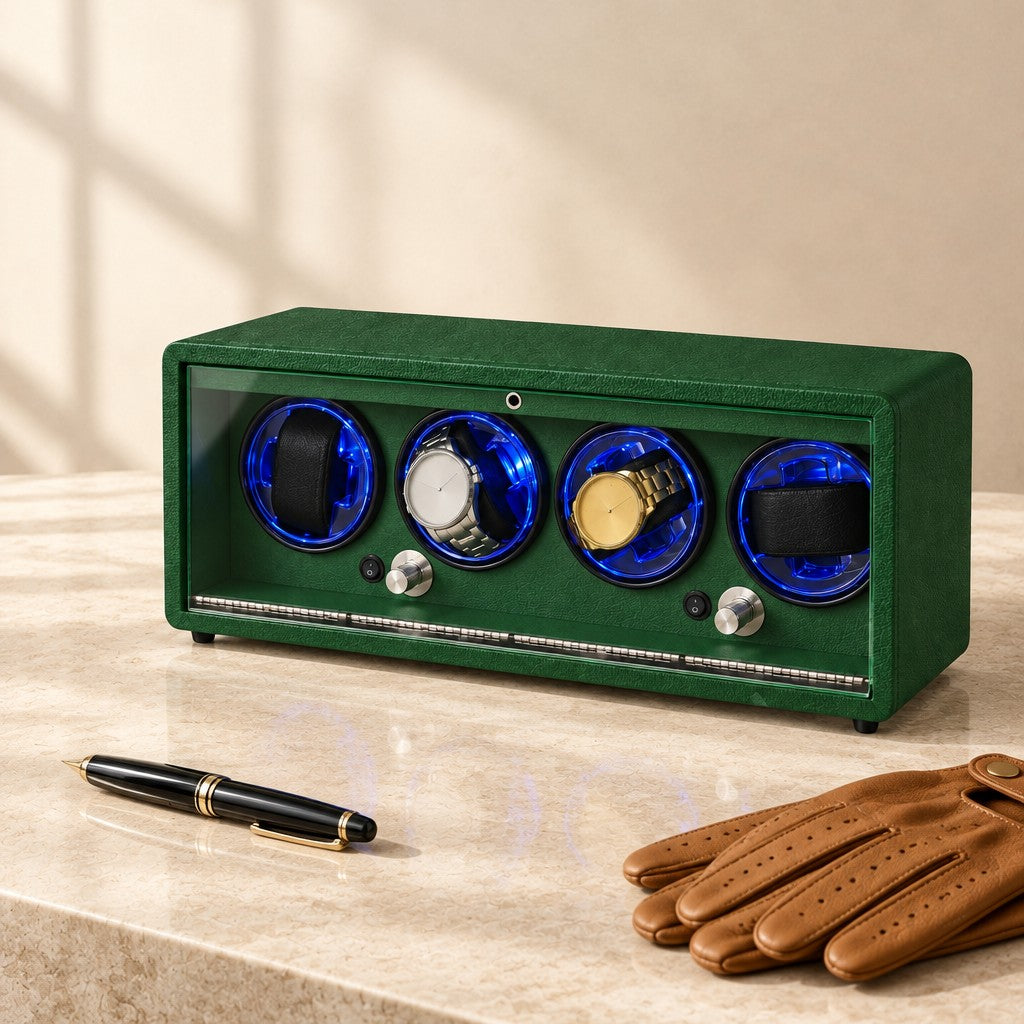 Green 4-watch winder closed, beside a fountain pen and leather gloves