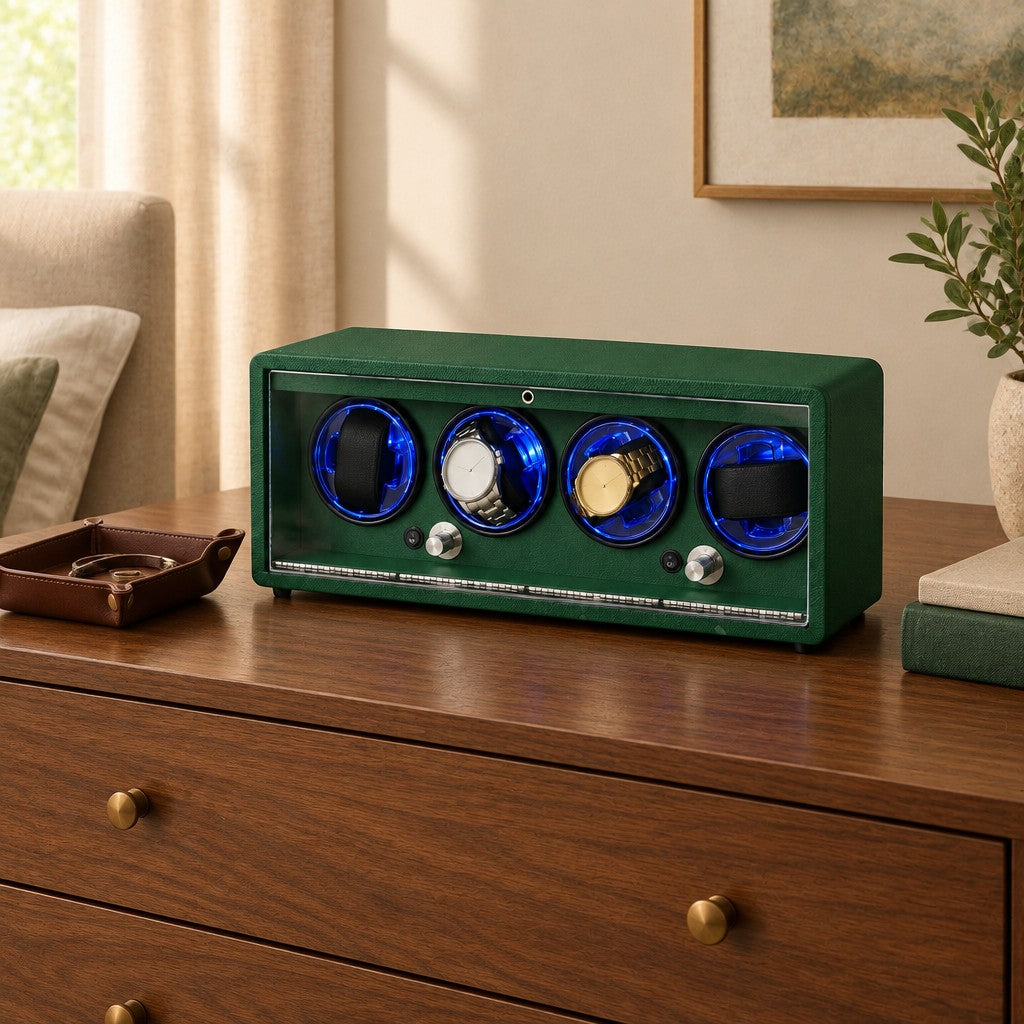 Deep green, lit in blue
