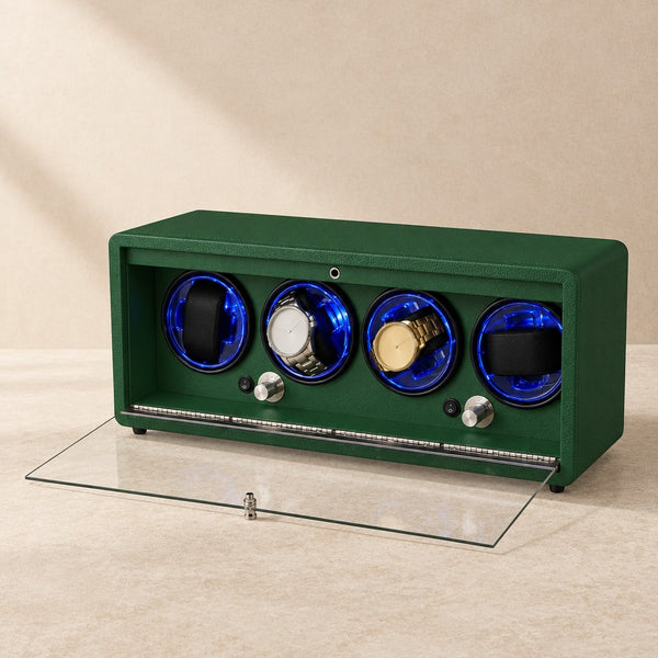 Green 4-Watch Winder with Auto-Stop Lid - US Plug