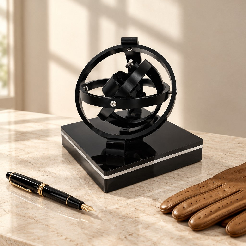 Gyroscope watch winder beside a fountain pen and leather gloves