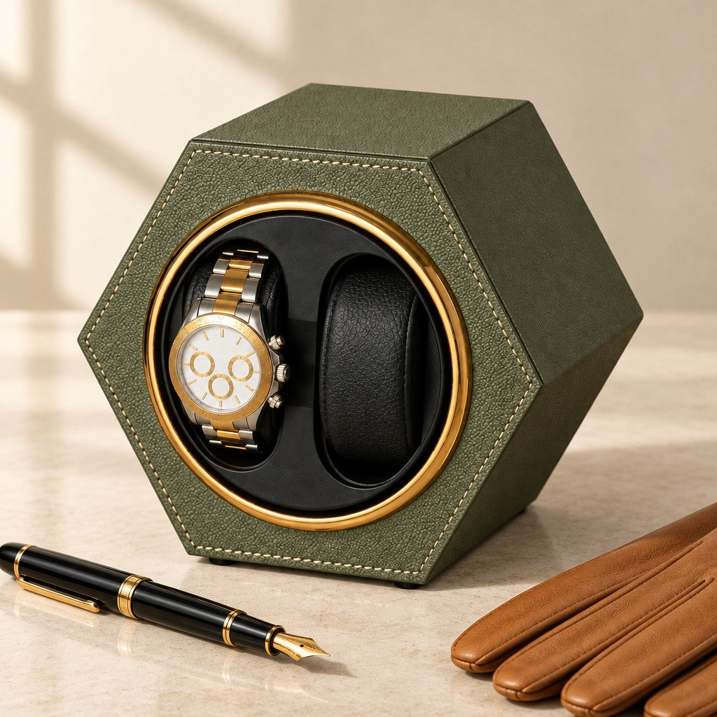 Hexagon watch winder beside a fountain pen and leather gloves