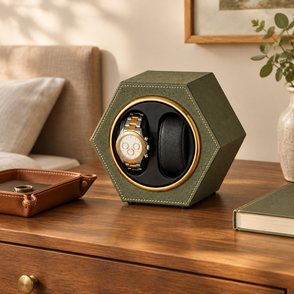 Hexagon double watch winder on a wooden chest of drawers