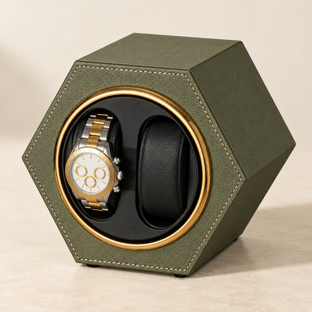 Army green hexagon double watch winder with one watch