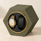 Army green hexagon double watch winder with one watch