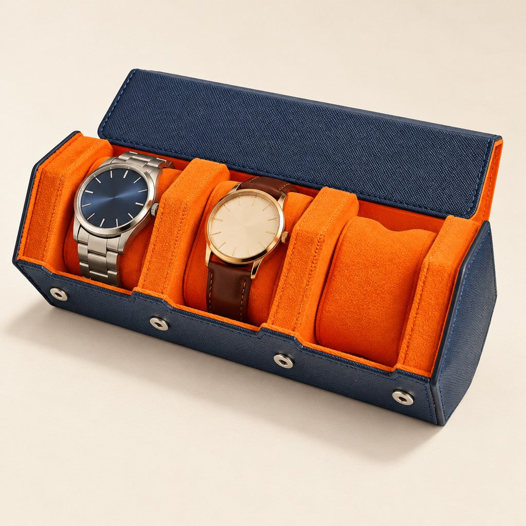 Hexagonal 3-slot watch case in navy with orange interior, three-quarter view