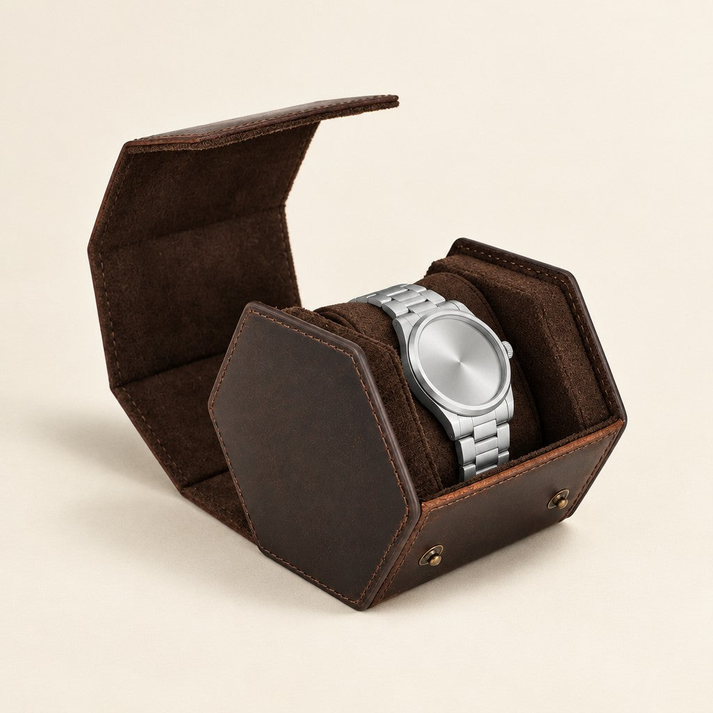 1-slot hexagonal leather watch case open with one watch