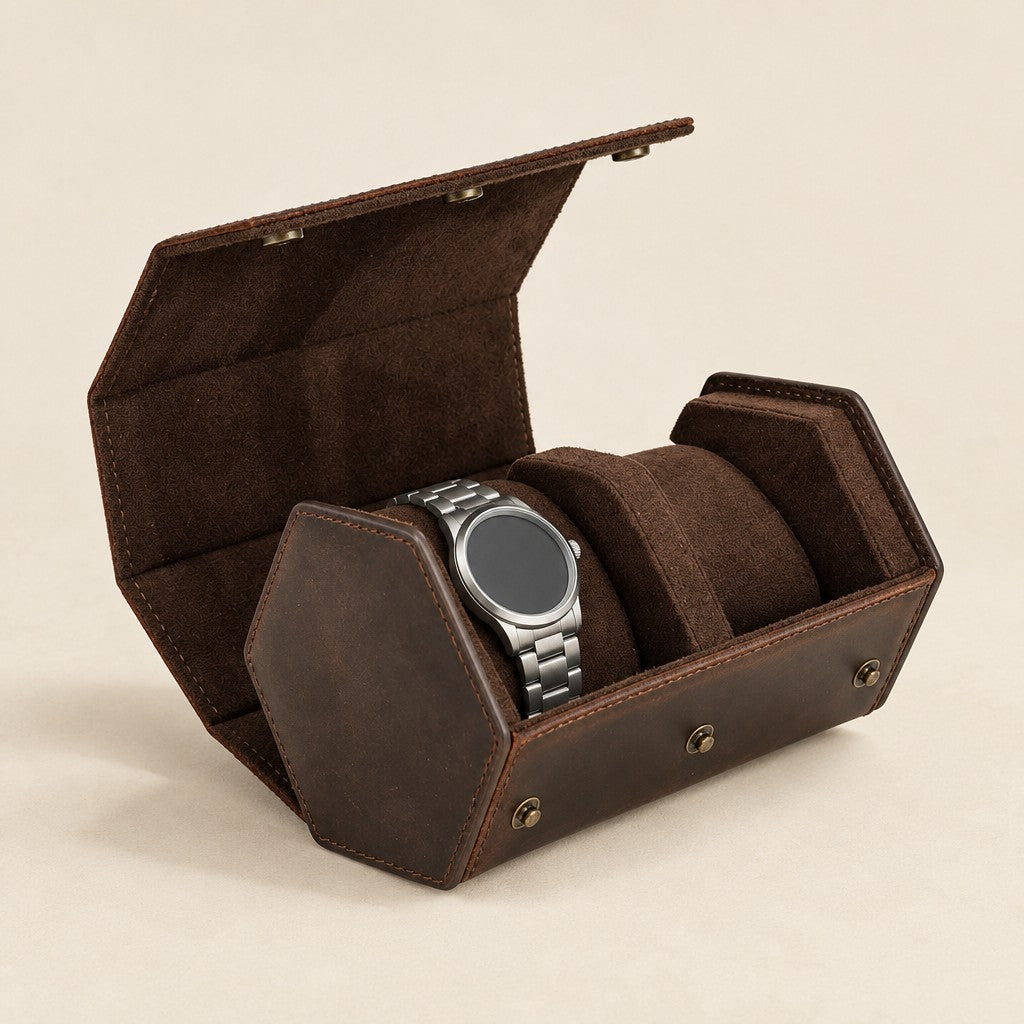 2-slot hexagonal leather watch case open with one watch