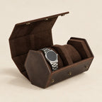 2-slot hexagonal leather watch case open with one watch