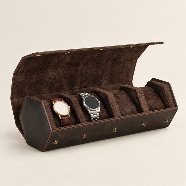 Hexagonal Vintage Leather Watch Case - 1 to 8 Slots