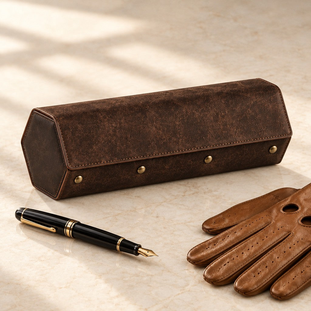 Hexagonal leather watch case closed, beside a fountain pen and leather gloves