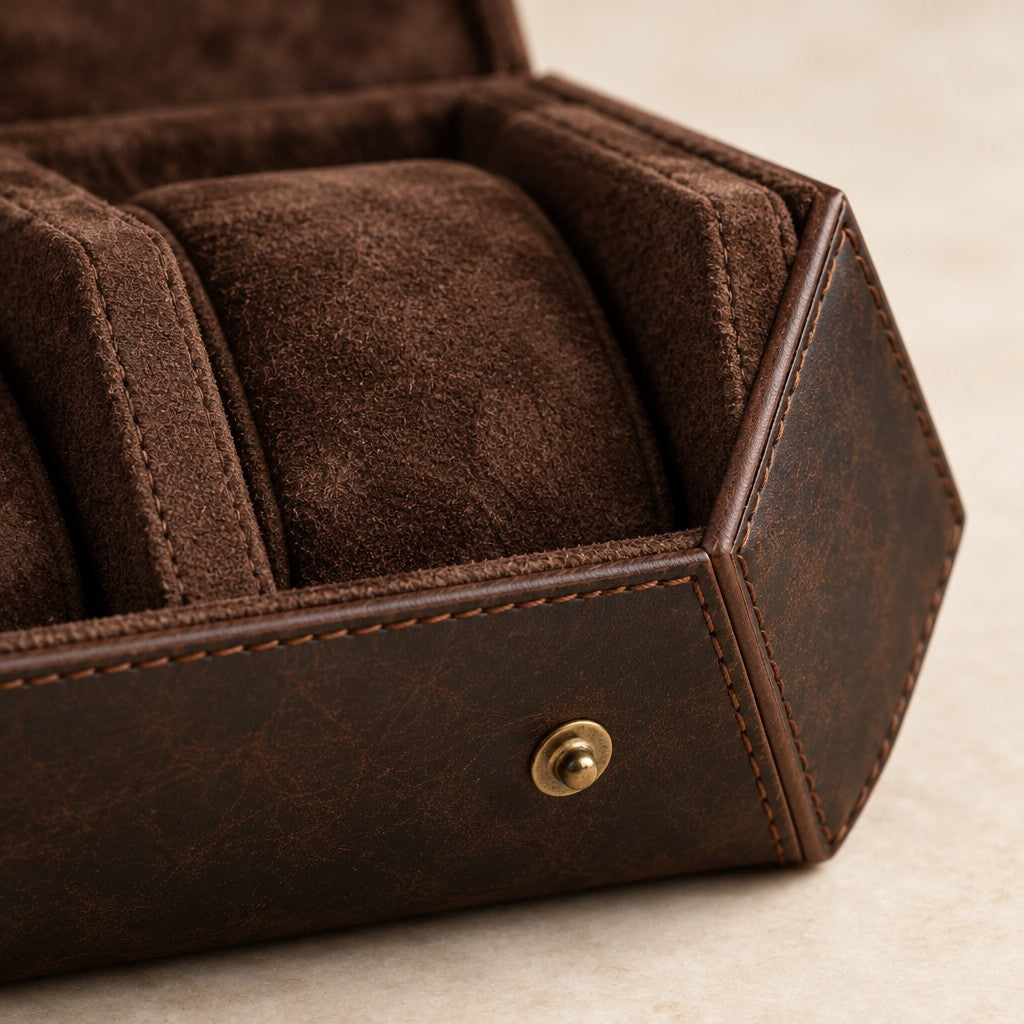 Close-up of the brown lining, a pillow and a snap stud on the hexagonal case
