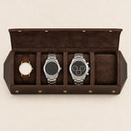 Top view of the 4-slot hexagonal case holding a 36 mm, a 42 mm and a 45 mm chronograph watch