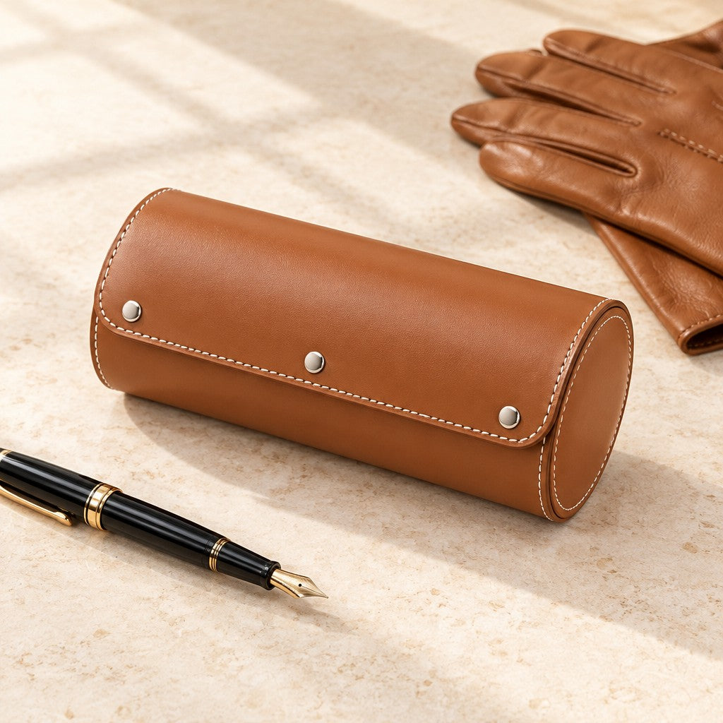 Closed coffee leather watch roll beside a fountain pen and leather gloves