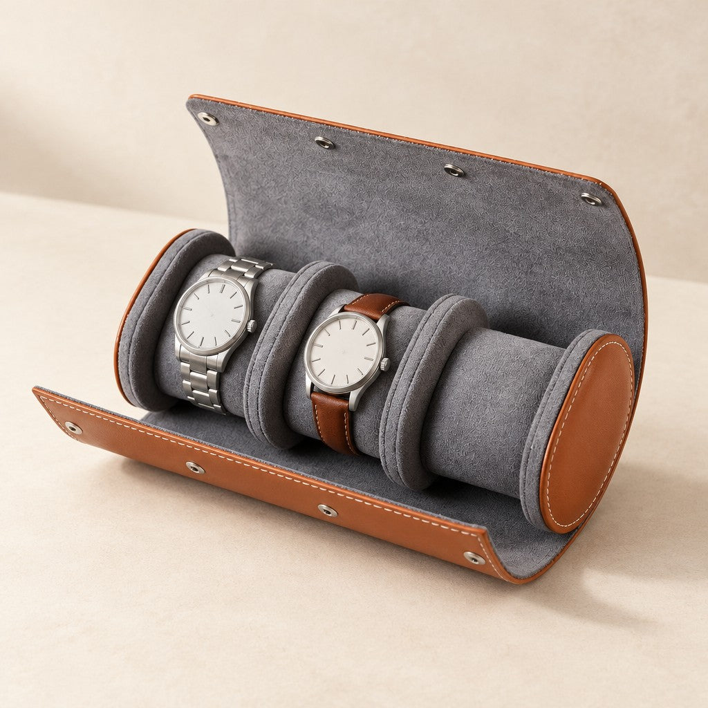 Coffee leather watch roll with gray lining, open with two watches