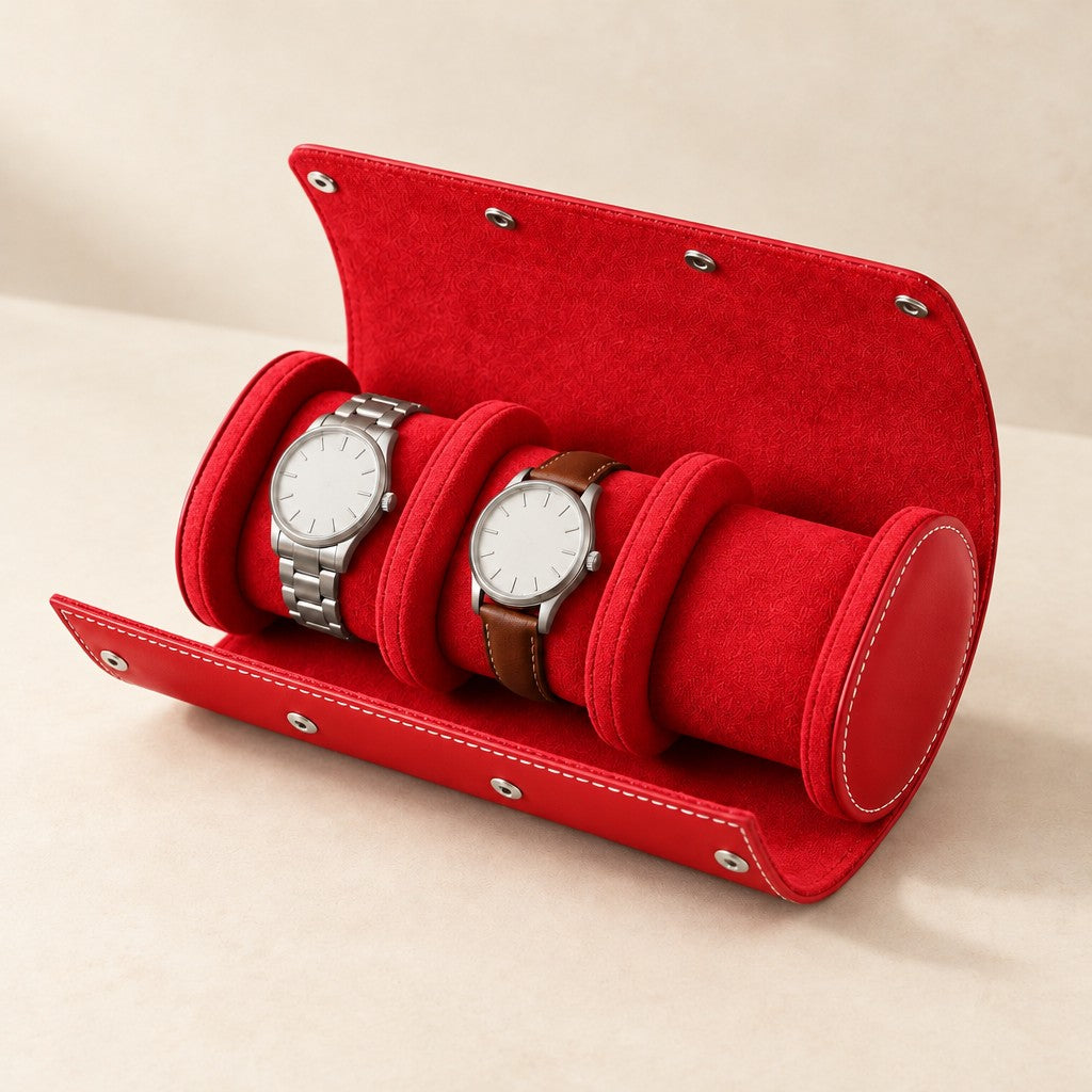 Red leather watch roll open with two watches