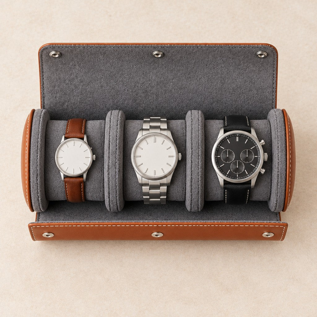 Top view of the 3-slot roll with a 36 mm, a 42 mm and a 45 mm watch