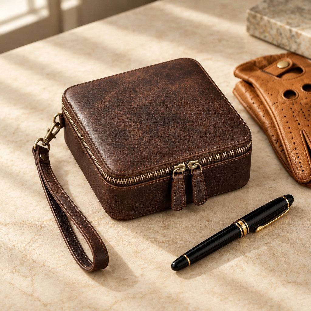 Leather watch, sunglasses and cufflink travel case closed, beside a fountain pen and leather gloves
