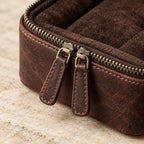 Close-up of the lining and hardware of the leather watch, sunglasses and cufflink travel case