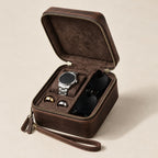 Leather watch, sunglasses and cufflink travel case open, watches on its pillows