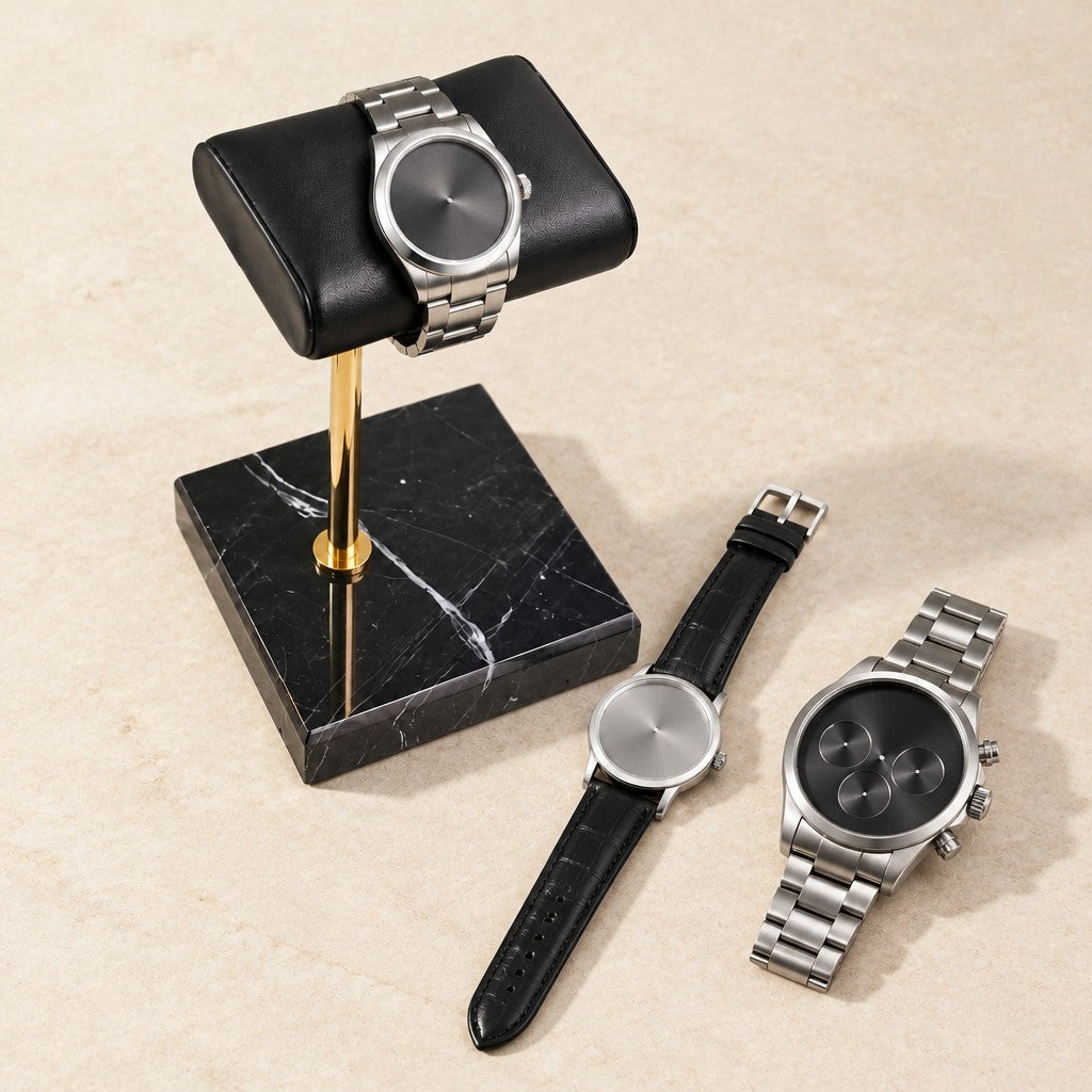 Marble watch stand with a 42 mm watch, a 36 mm and a 45 mm watch beside it
