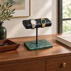 Marble wide pillow watch stand on a chest of drawers, for scale